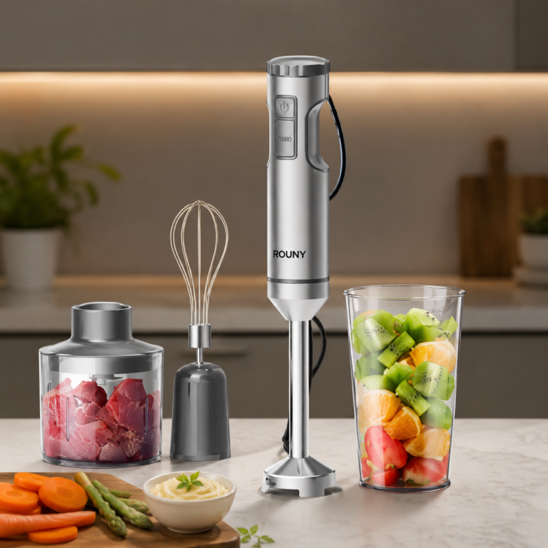 핸드 블렌더 800W 스테인리스 스틱 믹서기 4in1 구성 무단 속도 조절 안전 잠금 설계 700ml 믹싱컵 500ml 다지기 거품기 포함 ROUNY-H1-4IN1-2025
